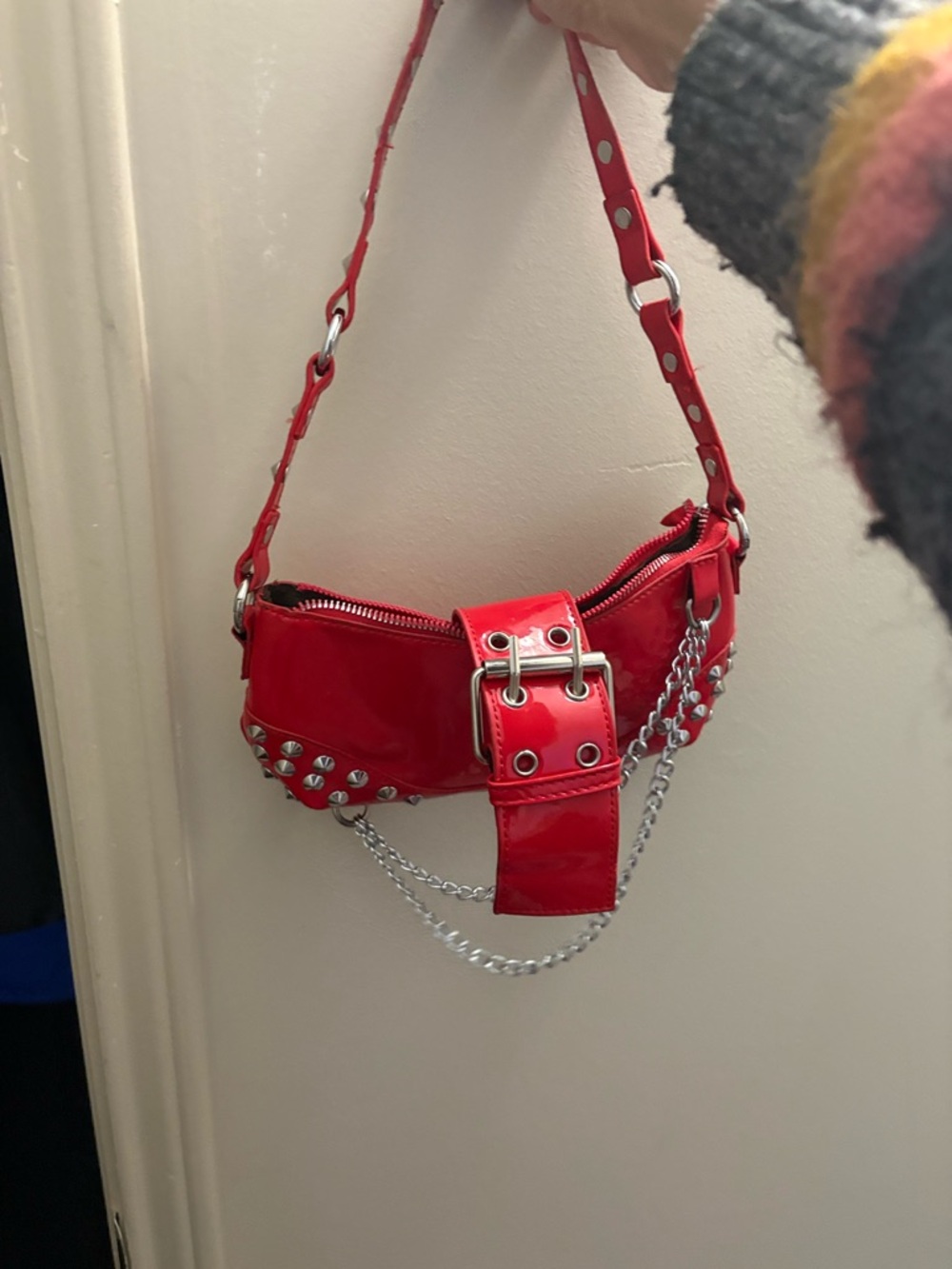 SHEIN Red Patent Studded Mini Shoulder Bag with Chain